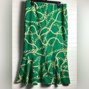 Messini Lime Green abstract print Maxi Skirt Mermaid Flounce Peplum Size Large